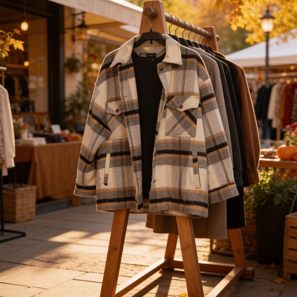 Zara Plaid Shacket in Cream, Gray & Brown Tones